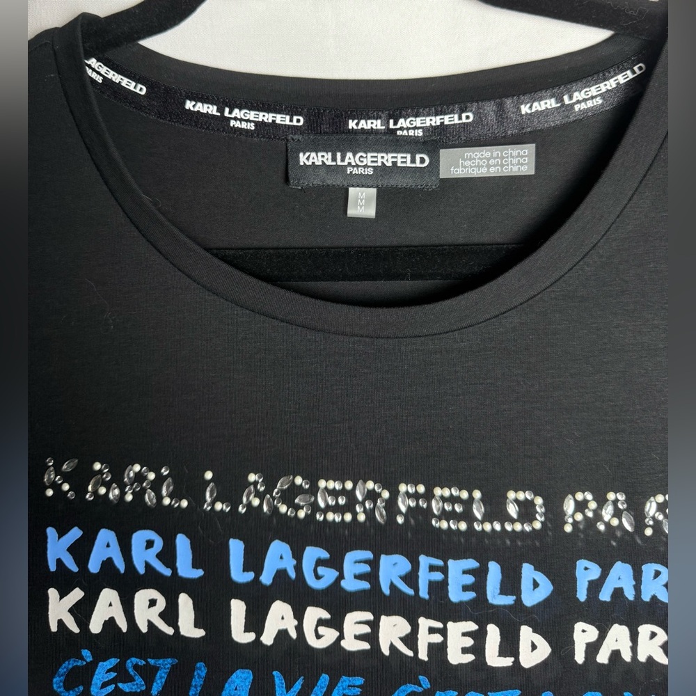 Karl Lagerfeld Black Graphic T-Shirt W/ Colorful Logo & Rhinestones Size Med NWT - Picture 3 of 11
